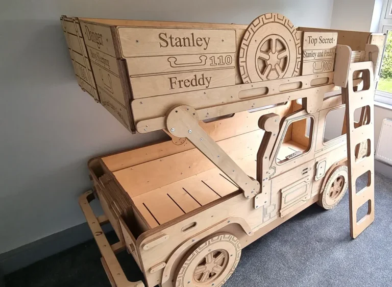 Bespoke CNC-cut birch plywood bunk bed with personalised engraving
