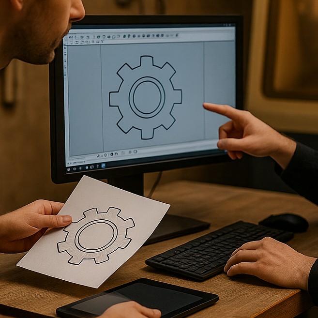 Close-up of a hand-drawn cog sketch beside the same cog displayed as a digital CAD drawing on a computer screen, showing idea to design transformation.