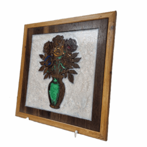 vibrant roses wood carving – reclaimed wood art with white resin (36×37cm)