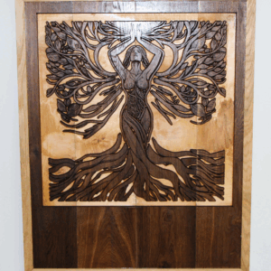 Front view of Elysian Whisper Spirit of the Forest wood carving showing the detailed forest spirit design in reclaimed wenge and birch.