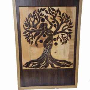 Front view of large Chakra Tree wall art carved from reclaimed wenge wood with oak frame and chakra symbols.