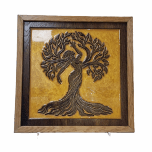Front view of the Feminine Essence Tree of Life reclaimed oak carving with gold resin inlay