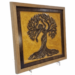 Left-angle view of the Feminine Essence Tree of Life wooden artwork with gold resin details