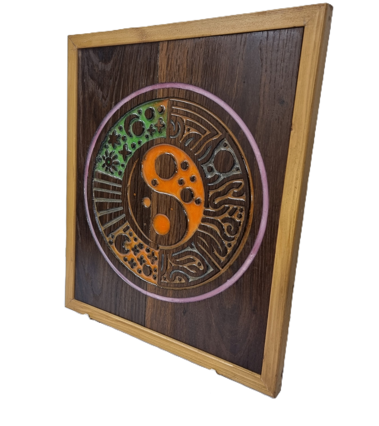 Right-angle view of the Geometric Yin Yang carving showing wood texture and resin inlay.