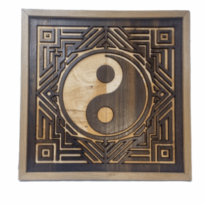 Front view of the Geometric Yin Yang wood carving made from reclaimed Corinthia oak.