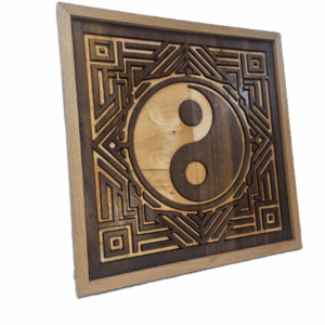 Side angle of the Geometric Yin Yang reclaimed oak carving showing geometric detailing.