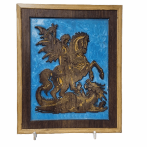 st george wood carving with blue resin background front view