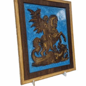 left angle view of st george wood carving with dragon