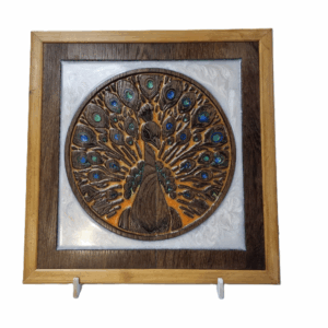 Front view of Peacock Wood and Resin Wall Art carved from reclaimed oak with colourful resin inlays.