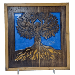 front view of tree of serenity wall art with blue and gold resin inlay
