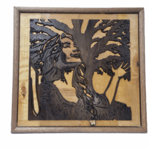 front view of Sylvan Spirit wood carving showing woman and tree design
