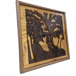 angled side view of Sylvan Spirit wooden wall art with tree and woman design