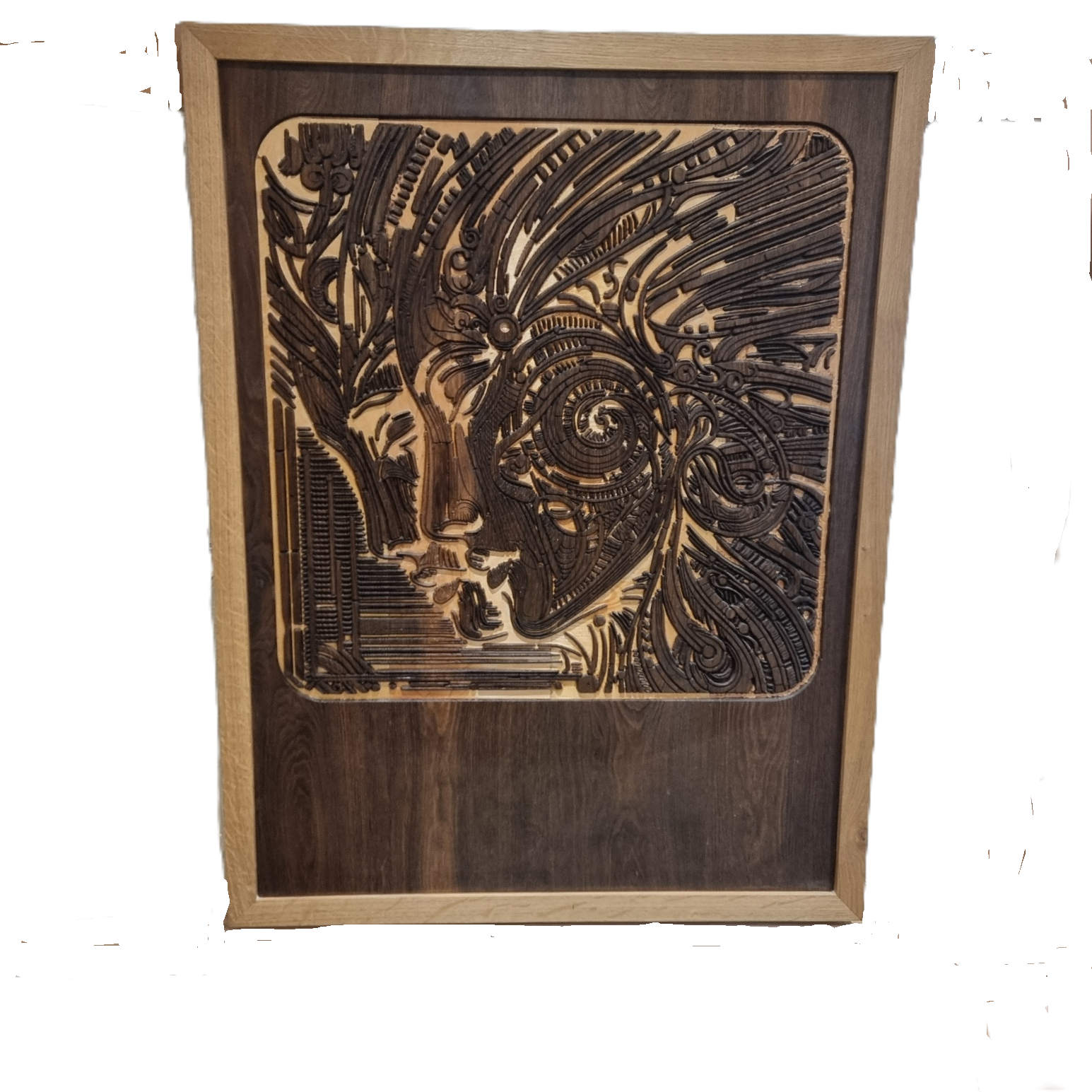 Handcrafted wooden artwork showing The Enigmatic Harmony design carved into reclaimed Corinthia oak.