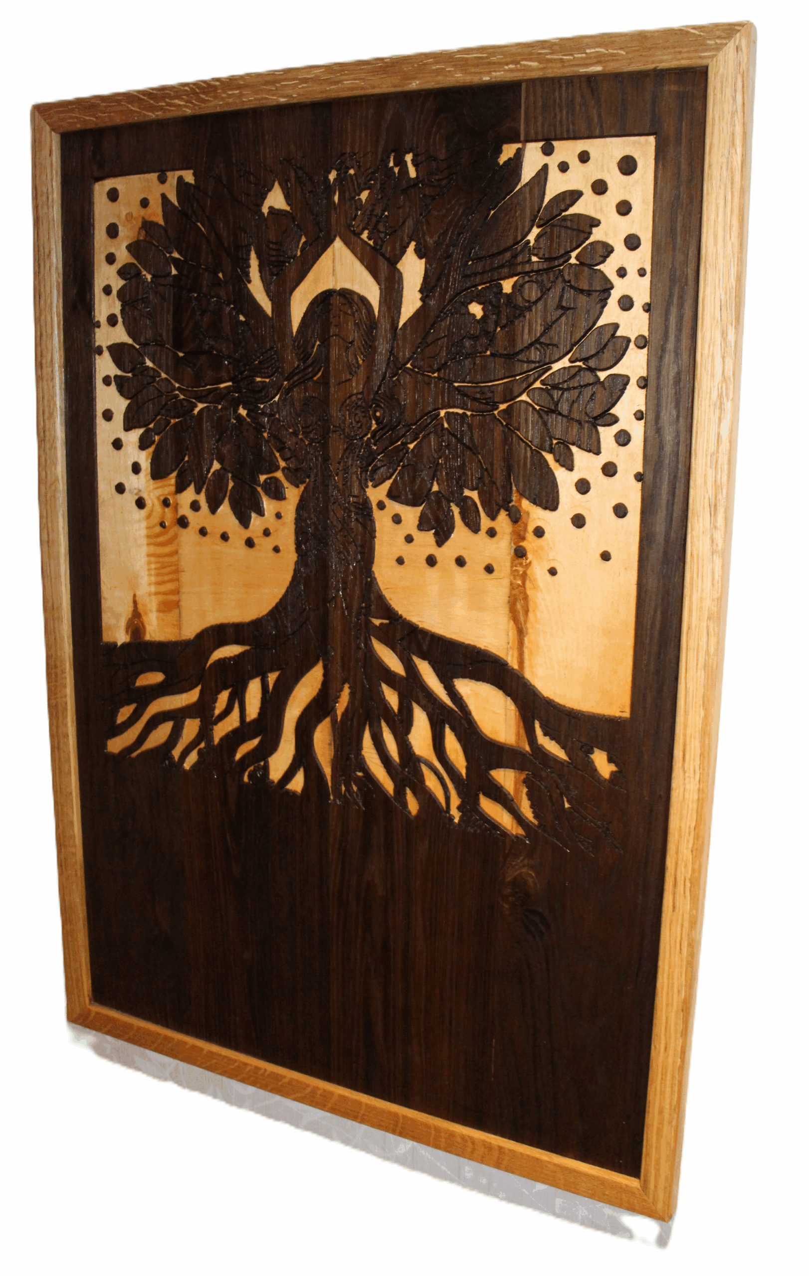 woodland echoes: the tree of serenity – large reclaimed wenge & oak cnc wood carving (720mm x 1010mm)