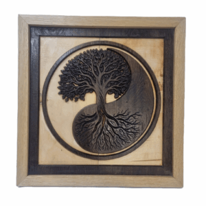 Front view of Yin Yang Tree of Life wood carving with reclaimed oak frame and detailed CNC engraving.