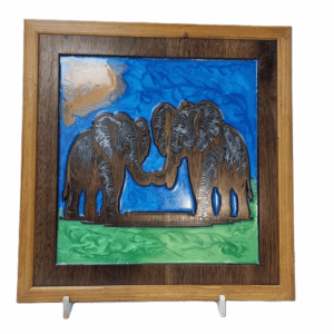 Front view of baby elephants wall art with resin inlay