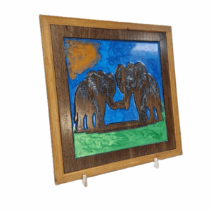 Left angled view of baby elephants wall art in reclaimed wood