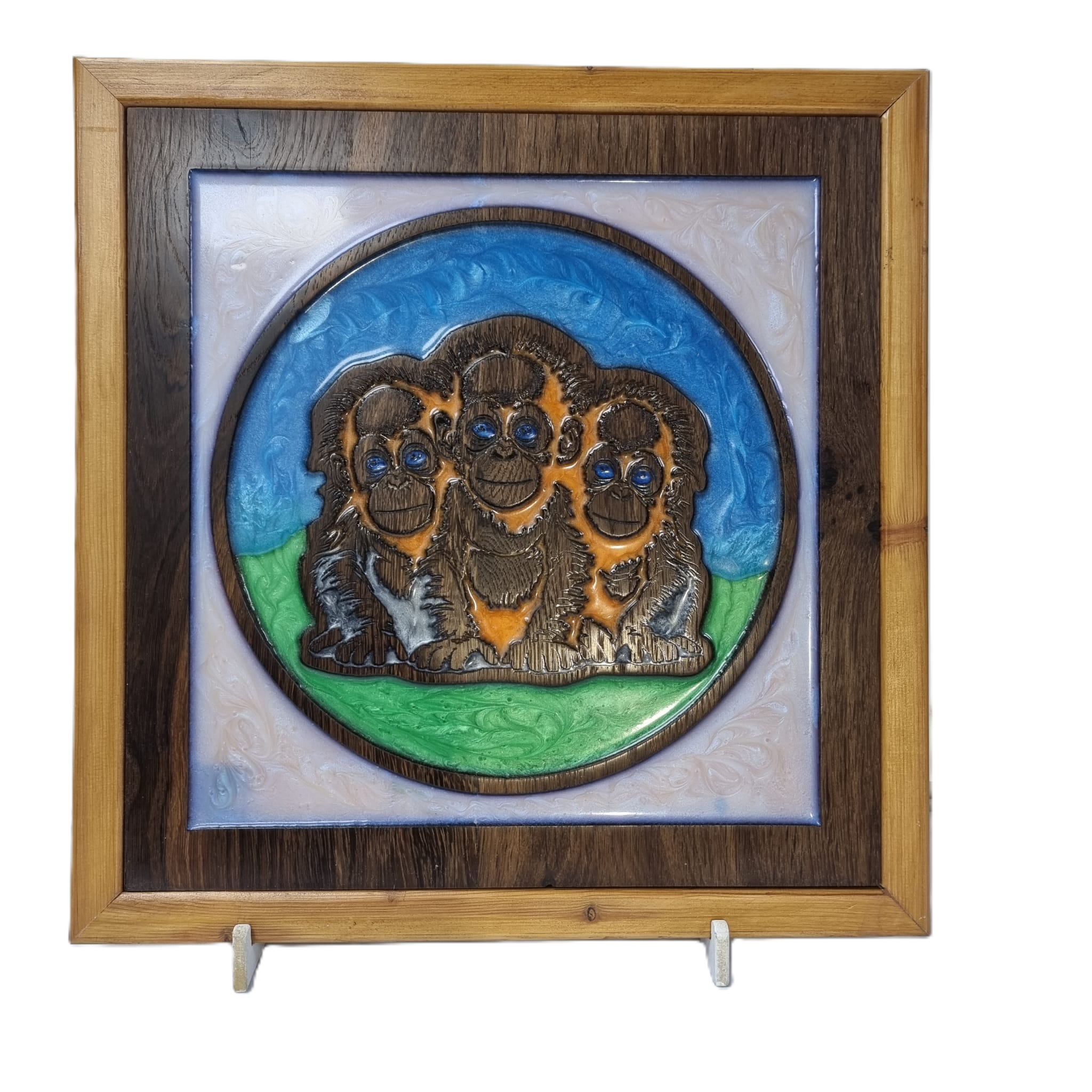 front view of baby orangutans wall art handcrafted with resin inlay