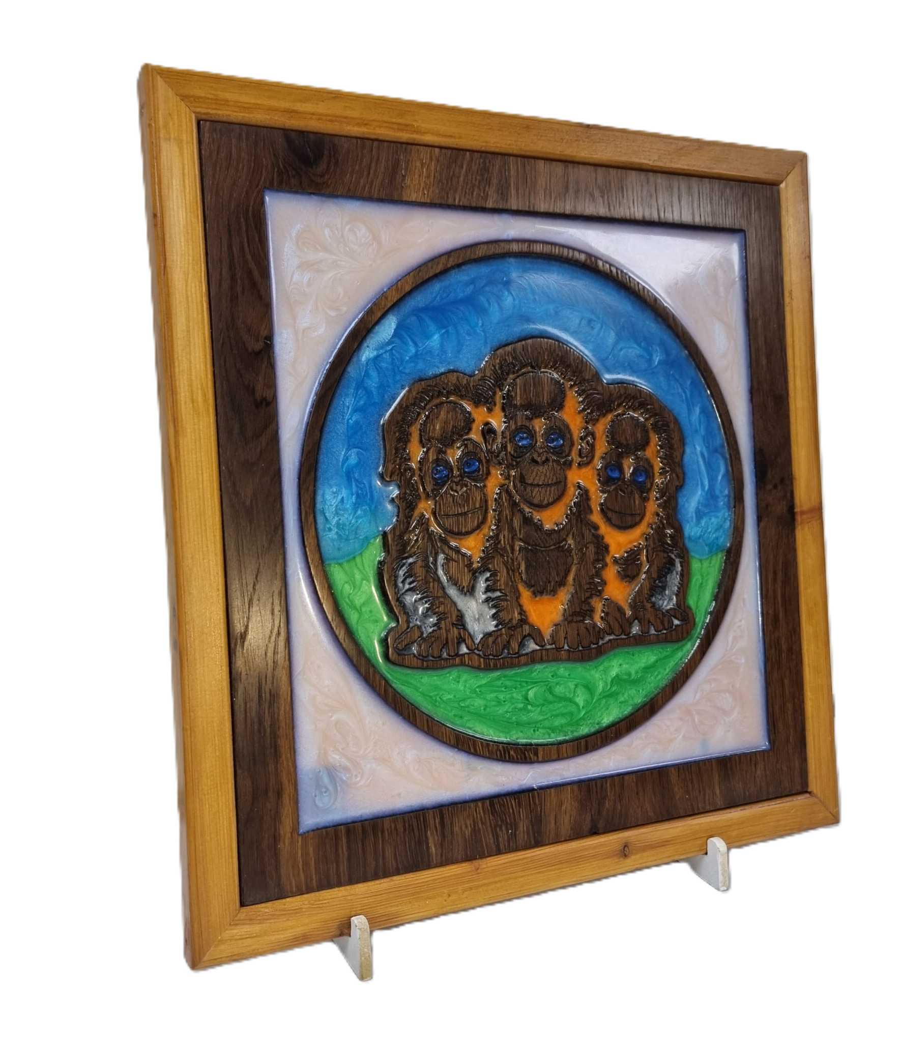 angled left view of baby orangutans wall art with carved reclaimed wood