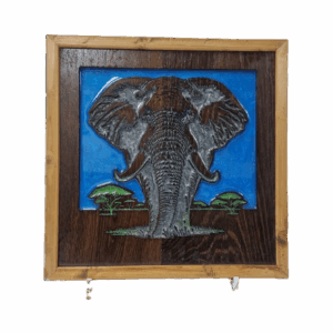 Front view of handcrafted bull elephant resin and reclaimed oak wall art by Kustom Made