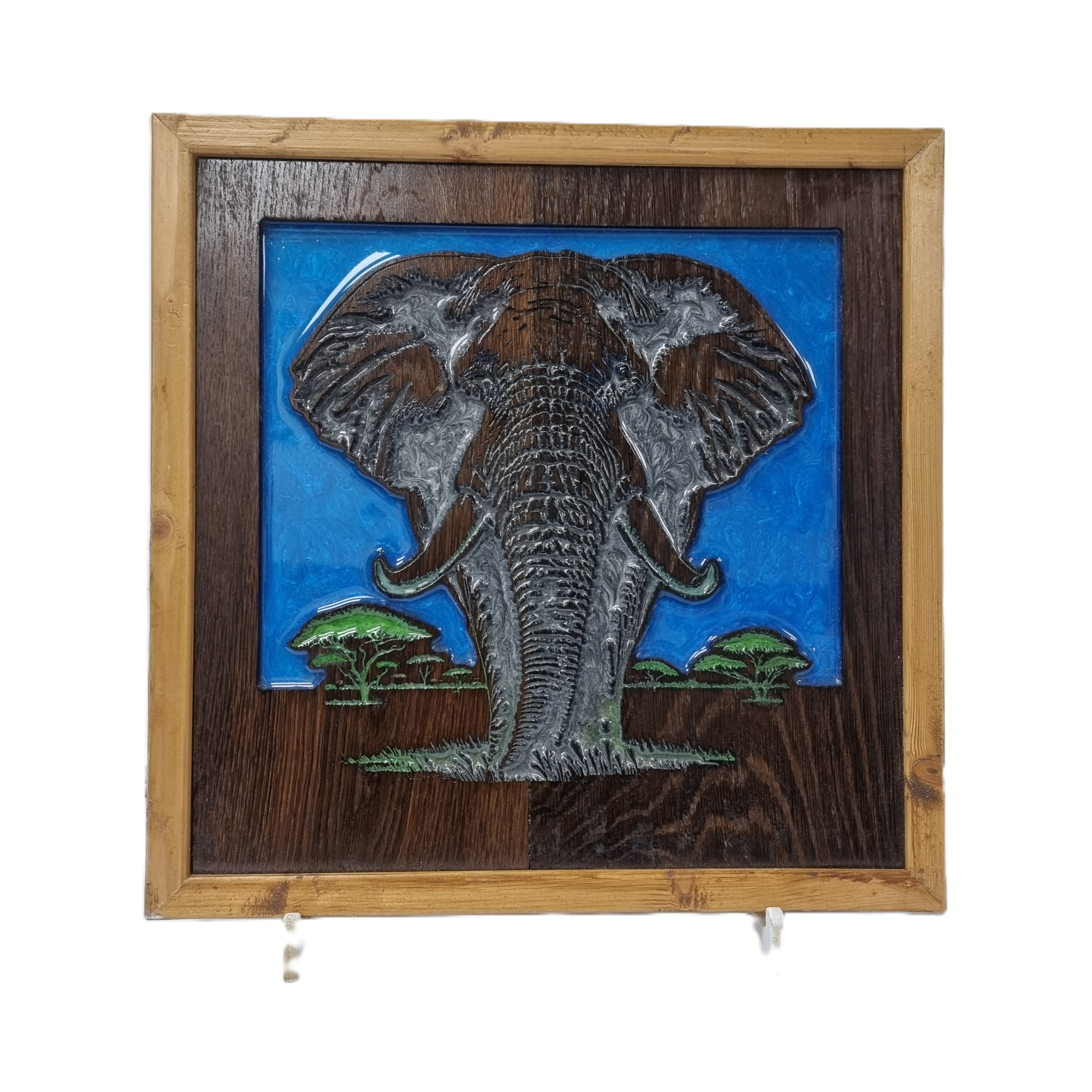 Front view of handcrafted bull elephant resin and reclaimed oak wall art by Kustom Made