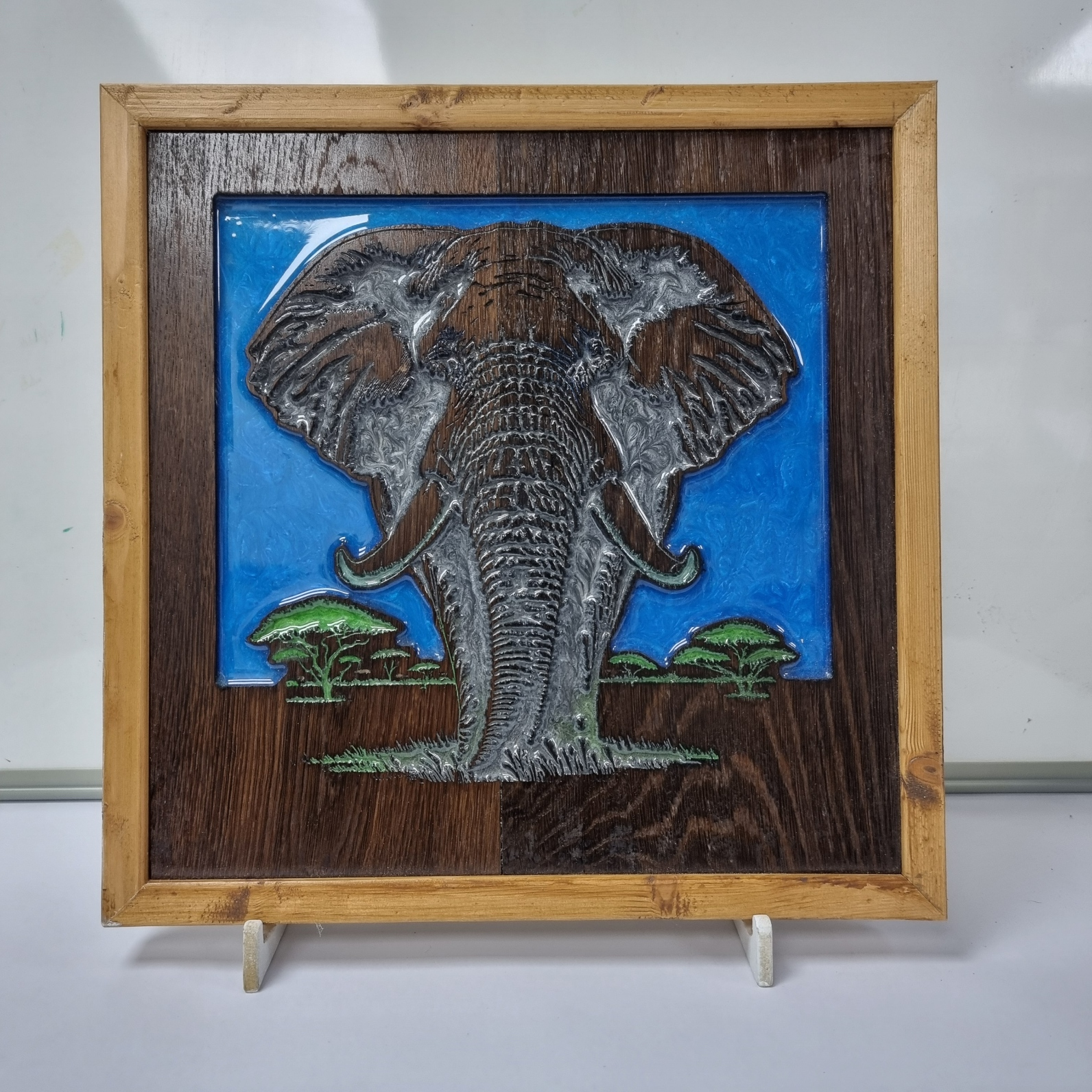 majestic bull elephant wall art – reclaimed oak carving with resin inlay (36×37.5cm)