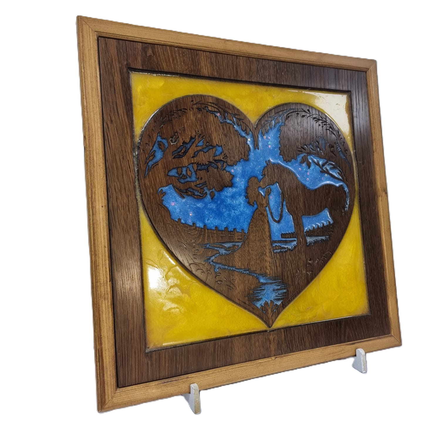 heartfelt bond – girl & horse heart silhouette wood carving with blue & yellow resin (35.5cm)