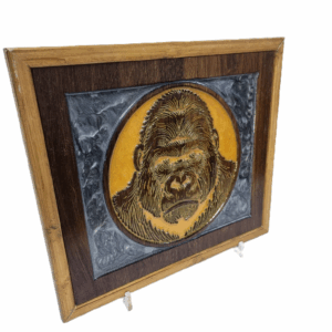 Side angle of handcrafted gorilla resin and reclaimed wood art
