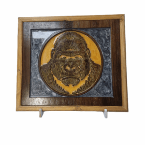 Gorilla wall art handcrafted from reclaimed oak with gold and silver resin