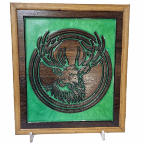 Front view of Highland Stag CNC-carved wall art with reclaimed oak, green resin inlay, and wood frame
