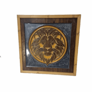 Handcrafted lion wood carving with gold and silver resin inlay on reclaimed Corinthia oak