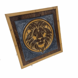 Side angle view of the Regal Gaze lion carving showing resin depth and wood grain