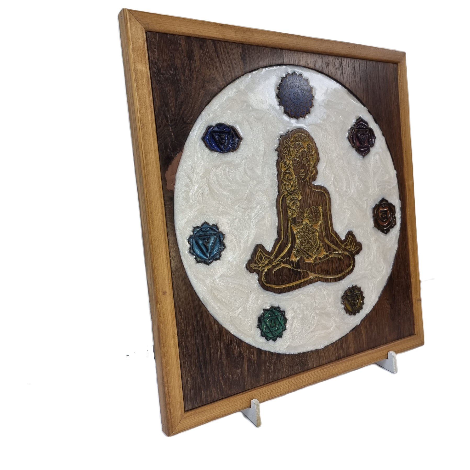 meditating woman with chakra symbols – reclaimed wood & white epoxy inlay (36×38cm)