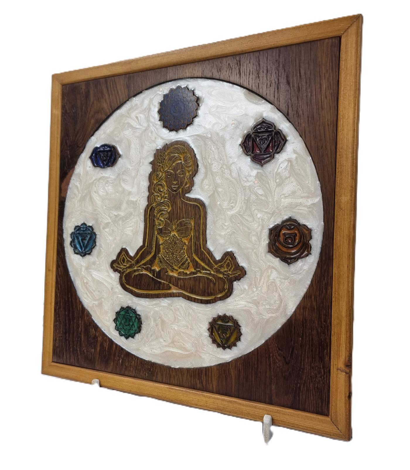 meditating woman with chakra symbols – reclaimed wood & white epoxy inlay (36×38cm)