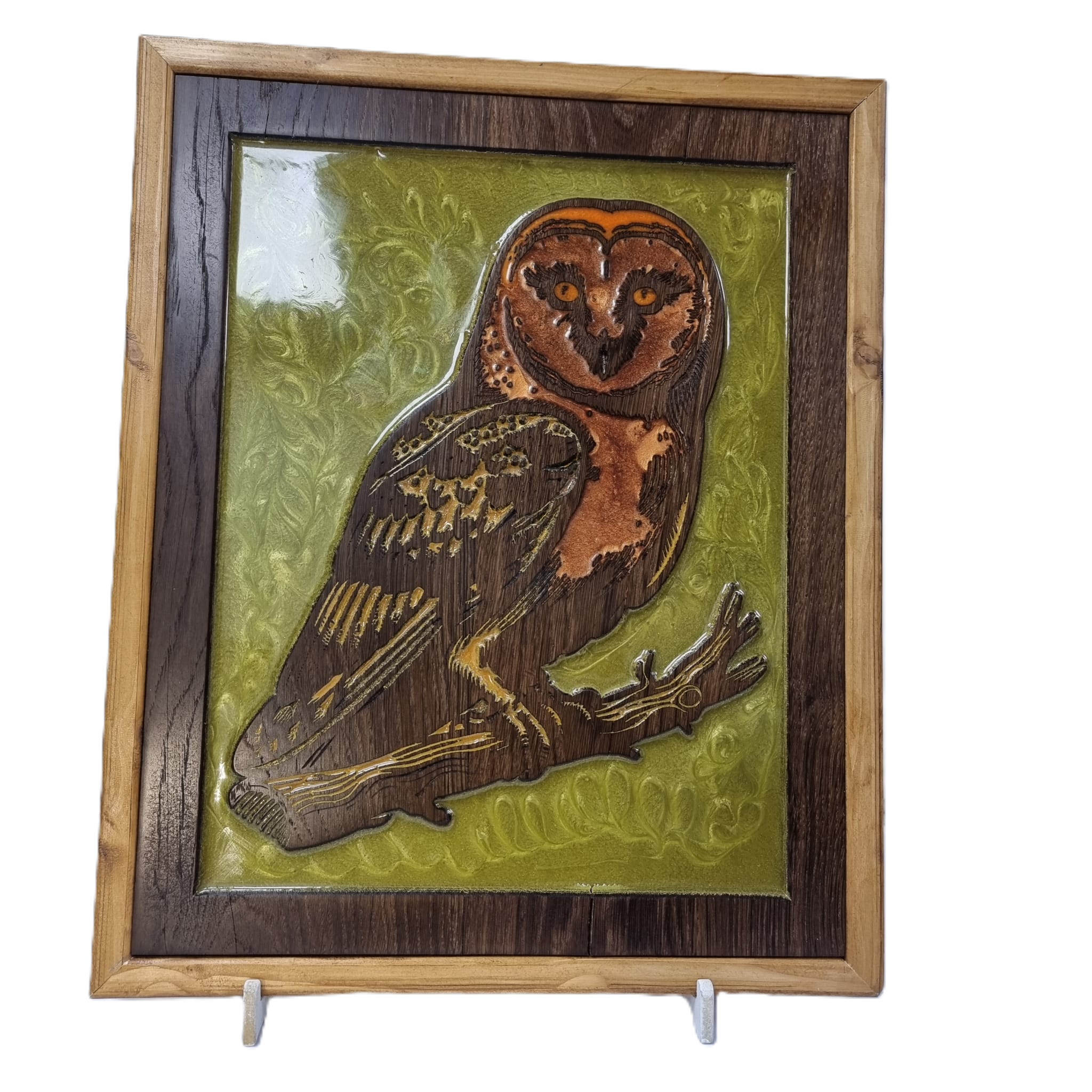 Front view of the Golden-Eyed Owl Wall Art showing the detailed carving and green resin forest background.