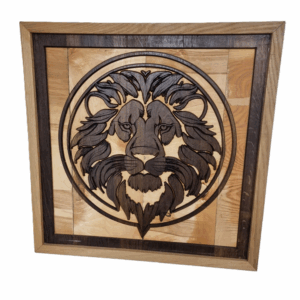 Front view of the Majestic Mane regal lion head wood carving, showing detailed smoked oak carving revealing contrasting timber beneath