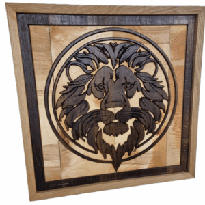 majestic mane – regal lion head wood carving.