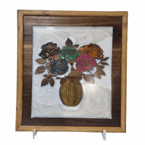 handcrafted five roses wall art in a vase with white resin background front view