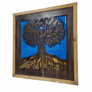 right angle view of tree of serenity wall art with gold resin roots