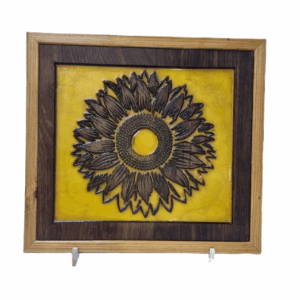 Front view of sunflower wall art made from reclaimed wood with gold resin inlay.