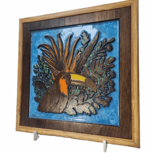 Handcrafted tropical toucan wall art in reclaimed Corinthia oak with vibrant resin colours – angled left view