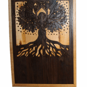 Front view of Woodland Echoes: The Tree of Serenity – large reclaimed wenge wood carving with oak frame showing detailed forest goddess design.