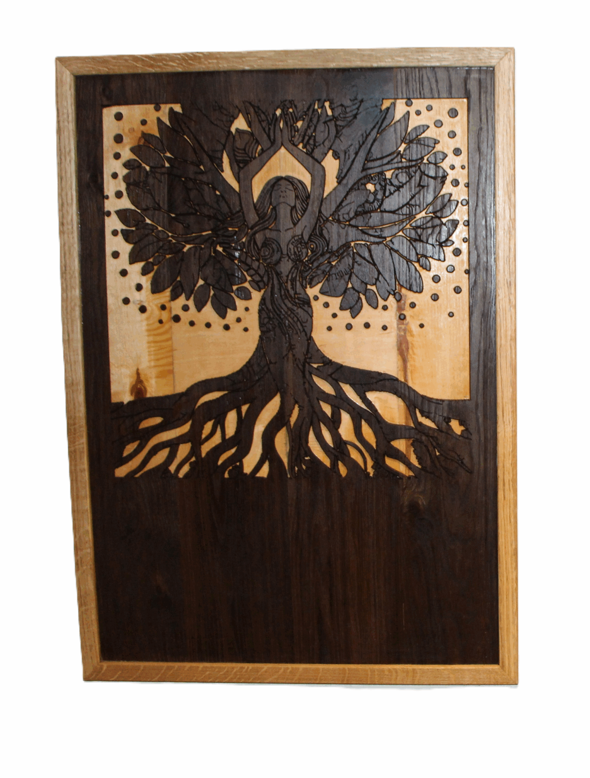 Front view of Woodland Echoes: The Tree of Serenity – large reclaimed wenge wood carving with oak frame showing detailed forest goddess design.