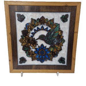 zentangle hummingbird resin & reclaimed oak artwork – handcrafted wall art (36×37cm)
